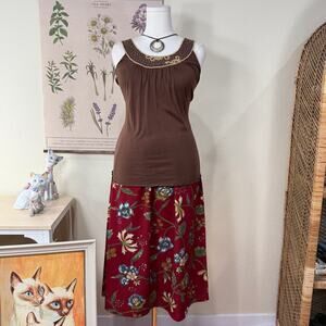 Vintage 90s Y2k Red Floral Midi Skirt Fairy Grunge Cottage Whimsigoth Grandma M